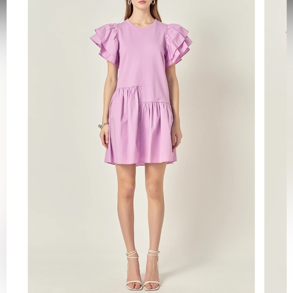 English Factory Lilac Ruffle-Sleeve Mini Dress